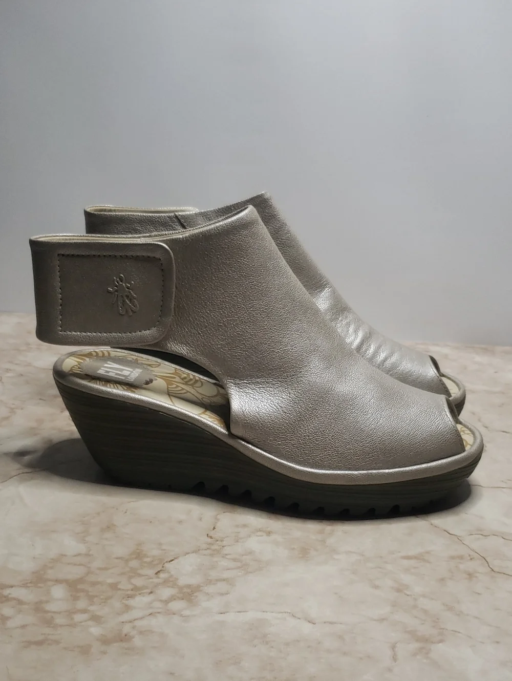 Fly London Comfort Wedge Sandals in Metallic Pearl